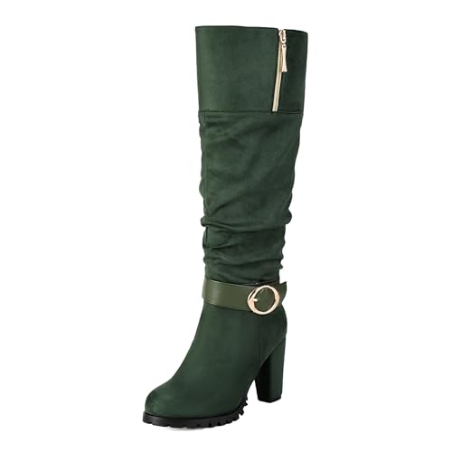 Lizoleor Concise Wildleder Blockabsatz Side Reißverschluss Damen Knee Hohe Stiefel Knöchelbündchen Schnalle Pleated Solid Color Mode Lockere Stiefel Grün Gr 36.5 EU/37Cn von Lizoleor