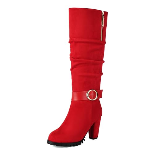 Lizoleor Concise Wildleder Blockabsatz Side Reißverschluss Damen Knee Hohe Stiefel Knöchelbündchen Schnalle Pleated Solid Color Mode Lockere Stiefel Rot Gr 42 EU/44Cn von Lizoleor