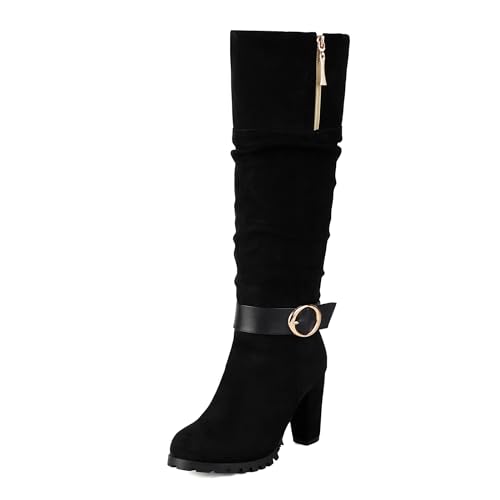 Lizoleor Concise Wildleder Blockabsatz Side Reißverschluss Damen Knee Hohe Stiefel Knöchelbündchen Schnalle Pleated Solid Color Mode Lockere Stiefel Schwarz Gr 40.5 EU/42Cn von Lizoleor