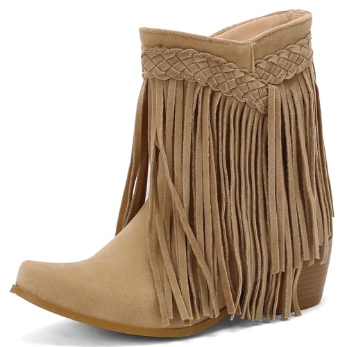 Lizoleor Damänner Ankle Cowboystiefel Blockabsatz Square Toe Ohne Verschluss Mitte Absatz Wildleder Herbst Mode Klassischer Fransen Stiefel Beige Gr 36 Eu von Lizoleor