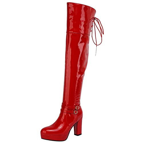 Lizoleor Damänner Chunky Heel Overknees Lack Reitstiefel Runde Zehen Winter Mode Männer Plateau Overknees Stiefel Rot Gr 44 EU/46Cn von Lizoleor