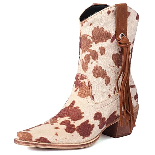 Lizoleor Damänner Klassischer Pointed Toe Ohne Verschluss Cowboy Franse Stiefeletten Halbschaft Wildleder Soft Blockabsatz Winter Draußen Western Stiefeletten Warm Schuhe Beige Gr 40.5 EU/42Cn von Lizoleor