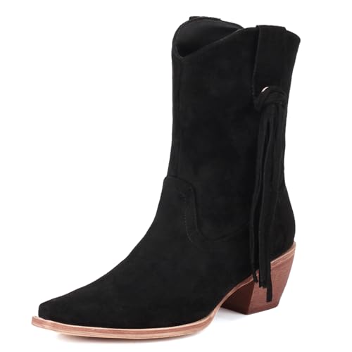 Lizoleor Damänner Klassischer Pointed Toe Ohne Verschluss Cowboy Franse Stiefeletten Halbschaft Wildleder Soft Blockabsatz Winter Draußen Western Stiefeletten Warm Schuhe Schwarz Gr 39 EU/40Cn von Lizoleor