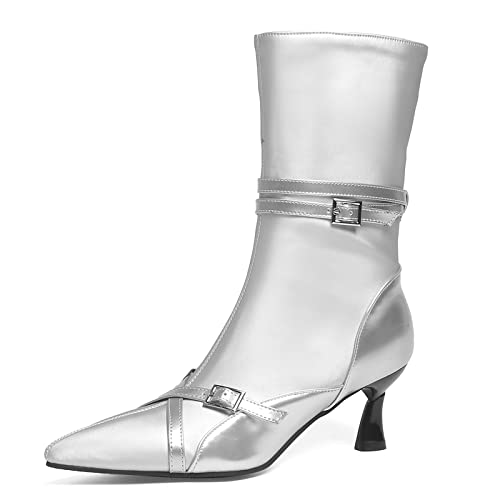 Lizoleor Damänner Mode Halbschaft Pointed Toe Equestrian Stiefeletten Winter Kleid Ohne Verschluss Elegant Abend Reitstiefel Mit Schnalle Silber Gr 42 EU/44Cn von Lizoleor