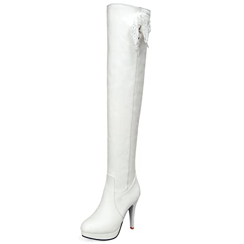 Lizoleor Damänner Overknees Hochzeit Ruffles Stretch Stiefel Elegant Spitze Blume Stiletto Plateau Overknees Stiefel Kleid Weiß Gr 38 EU/39Cn von Lizoleor