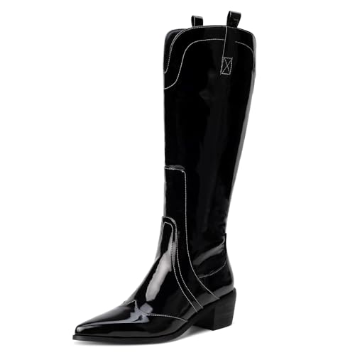 Lizoleor Damänner Pointed Toe Knee Draußen Reitstiefel Leisure Riding Block Mitte Absatz Weit Calf Mode Western Cowboy Stiefeletten Schwarz Gr 37 EU/38Cn von Lizoleor