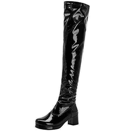 Lizoleor Damänner Reißverschluss Overknees Lack Boots Plateau Männer Mode Runde Zehen Block Mitte Absatz Overknees Stiefel Party Schwarz Gr 43 EU/45Cn von Lizoleor