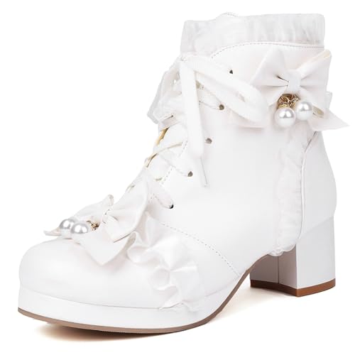 Lizoleor Damänner Runde Zehen Lolita Schnüren Bogen Stiefeletten Plateau Winter Party Military Komfort Blockabsatz Biker Stiefeletten Hochzeit Schuhe Weiß Gr 45 EU/47Cn von Lizoleor