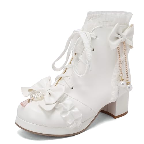 Lizoleor Damänner Runde Zehen Lolita Schnüren Bogen Stiefeletten Plateau Winter Party Military Komfort Blockabsatz Biker Stiefeletten Hochzeit Schuhe Weiß Gr 45 EU/47Cn von Lizoleor