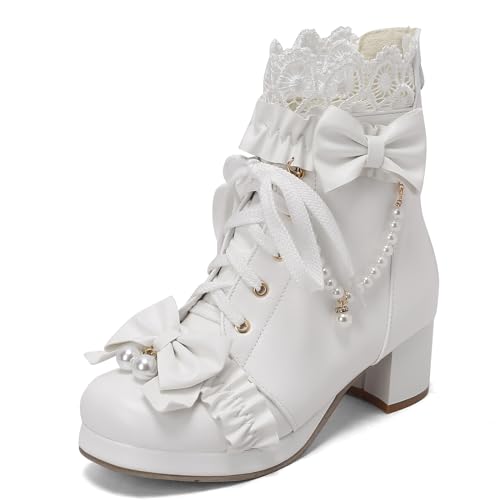 Lizoleor Damänner Runde Zehen Lolita Schnüren Bogen Stiefeletten Plateau Winter Party Military Komfort Blockabsatz Biker Stiefeletten Hochzeit Schuhe Weiß Gr 45 EU/47Cn von Lizoleor