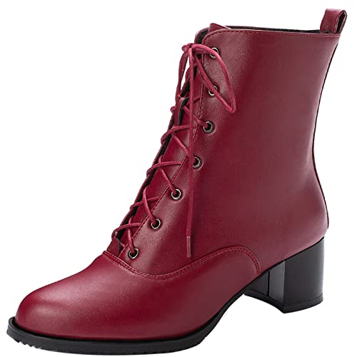Lizoleor Damänner Runde Zehen Schnüren Chukka Combat Schneestiefel Draußen Warm Fell Lined Winter Blockabsatz Mode Military Biker Ankle Stiefeletten Rotwein Gr 36.5 EU/37Cn von Lizoleor
