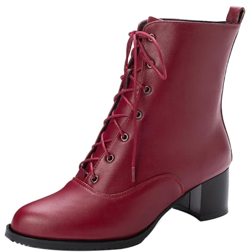 Lizoleor Damänner Runde Zehen Schnüren Chukka Combat Schneestiefel Draußen Warm Fell Lined Winter Blockabsatz Mode Military Biker Ankle Stiefeletten Rotwein Gr 37 EU/38Cn von Lizoleor
