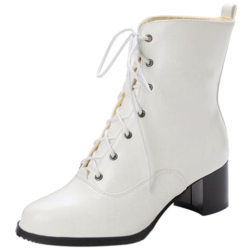 Lizoleor Damänner Runde Zehen Schnüren Chukka Combat Schneestiefel Draußen Warm Fell Lined Winter Blockabsatz Mode Military Biker Ankle Stiefeletten Weiß Gr 35 Eu von Lizoleor