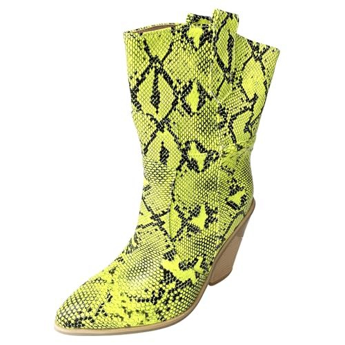 Lizoleor Damänner Snakeskin Halbschaft Cowboy Westernstiefel Pointed Toe Winter Halloween Party Keilabsatz Chunky Höhe Ferse Klassischer Stiefeletten Warm Grün Gr 39 EU/40Cn von Lizoleor