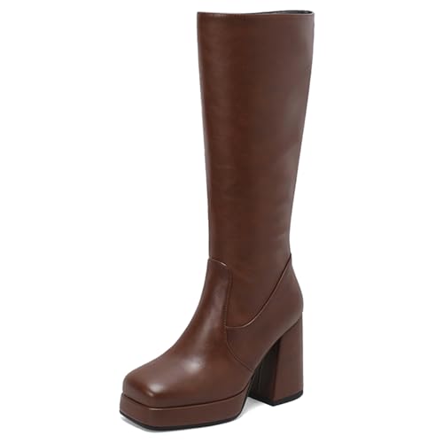Lizoleor Damänner Square Toe Chunky Knee Reitstiefel Plateau Blockabsatz Winter Warm Equestrian Reißverschluss Mode Schuhe Weit Fit Braun Gr 38 EU/39Cn von Lizoleor