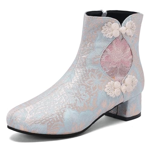 Lizoleor Damänner Winter Süß Runde Zehen Chelsea Stiefeletten Bogen Party Prom Elegant Block Mitte Absatz Warm Kleid Stiefeletten Damänner Brautschuhe Blau Gr 40 EU/41Cn von Lizoleor