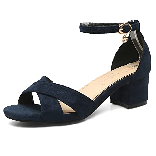 Lizoleor Damen Blockabsatz Offene Zeh Komfort Knöchelriemchen Mode Sandalen Sommer Leisure Mitte Absatz Schnalle Party Schuhe Blau Gr 39 EU/40Cn von Lizoleor