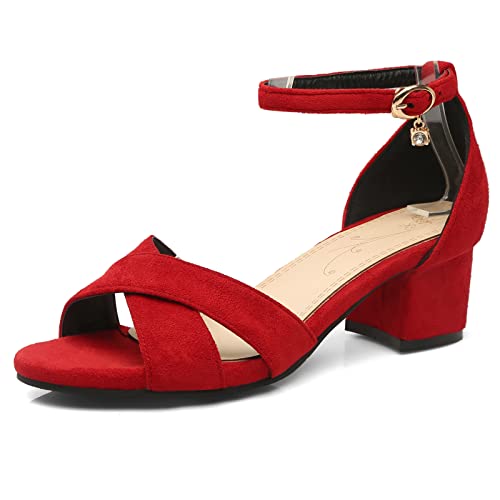 Lizoleor Damen Blockabsatz Offene Zeh Komfort Knöchelriemchen Mode Sandalen Sommer Leisure Mitte Absatz Schnalle Party Schuhe Rot Gr 41 EU/43Cn von Lizoleor