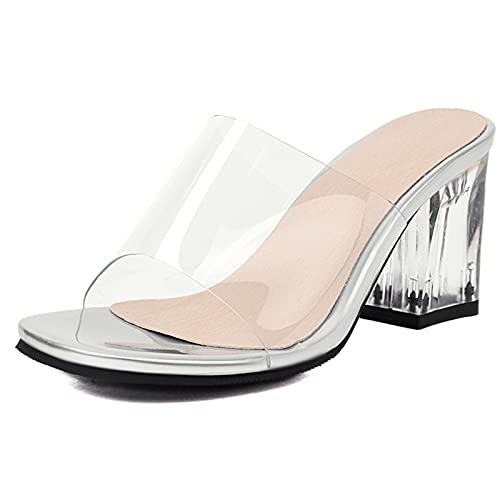Lizoleor Damen Blockabsatz Pantoletten Pantoffeln Transparent Offene Zeh Sommer Pantoffeln Sandalen Höhe Ferse Mode Ohne Verschluss Party Schuhe Silber Gr 43 EU/45Cn von Lizoleor