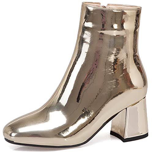 Lizoleor Damen Blockabsatz Warm Chelsea Stiefeletten Kleid Hochzeit Square Toe Reißverschluss Winter Elegant Party Schuhe Buro Stiefeletten Gold Gr 37 EU/38Cn von Lizoleor