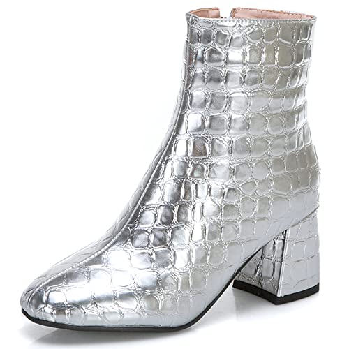 Lizoleor Damen Blockabsatz Warm Chelsea Stiefeletten Kleid Hochzeit Square Toe Reißverschluss Winter Elegant Party Schuhe Buro Stiefeletten Silber Gr 37 EU/38Cn von Lizoleor