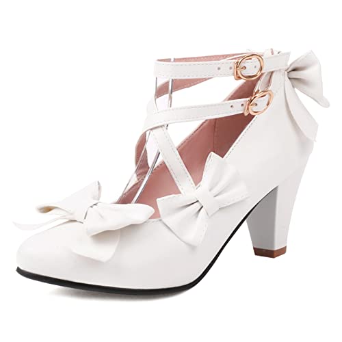 Lizoleor Damen Bridal Hohen Blockabsatz Princess Mary Jane Pumps Damen Closed Toe Party Lovely Ruffles Knöchelriemchen Schuhe Weiß Gr 46 EU/48Cn von Lizoleor