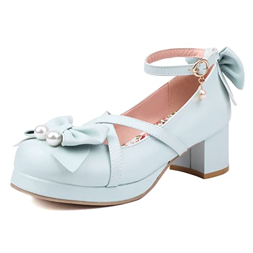 Lizoleor Damen Bridal Mary Jane Knöchelriemchen Lolita Plateau Schuhe Princess Runde Zehen Comfy Block Mitte Absatz Pumps Sweet Bogen Blau Gr 38 EU/39Cn von Lizoleor