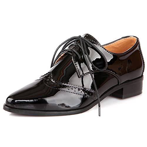 Lizoleor Damen Buro Arbeit Klassischer Pointed Toe Schnüren Lack Brogue Leisure Block Mitte Absatz Pumps Retro Oxford Business Schuhe Schwarz Gr 37 EU/38Cn von Lizoleor