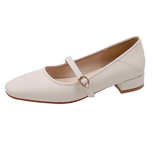 Lizoleor Damen Buro Comfy Niedrige Absatz Ohne Verschluss Kleid Schuhe Square Toe Hochzeit Mary Jane Formal Blockabsatz Pumps Bogen Beige Gr 40 EU/41Cn von Lizoleor