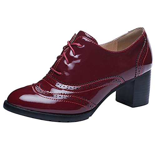 Lizoleor Damen Buro Schnüren Klassischer Blockabsatz Lack Kleid Brogue Pumps Closed Toe Formal Arbeit Mitte Absatz Retro Oxford Rotwein Gr 40.5 EU/42Cn von Lizoleor