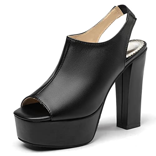 Lizoleor Damen Chunky Höhe Ferse Peep Toe Mode Plateau Slingback Schuhe Party Blockabsatz Sommer Abend Prom Schuhe Schwarz Gr 48 EU/50Cn von Lizoleor