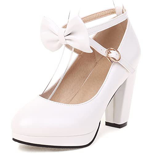Lizoleor Damen Closed Toe Blockabsatz Mary Jane Knöchelriemchen Pumps Bows Party Chunky Höhe Ferse Plateau Pumps Hochzeit Weiß Gr 40 EU/41Cn von Lizoleor