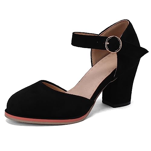 Lizoleor Damen Closed Toe Blockabsatz Mary Jane Sandalen Vintage Chunky Hochzeit Party Knöchelriemchen Elegant Schnalle Schuhe Schwarz Gr 44 EU/46Cn von Lizoleor
