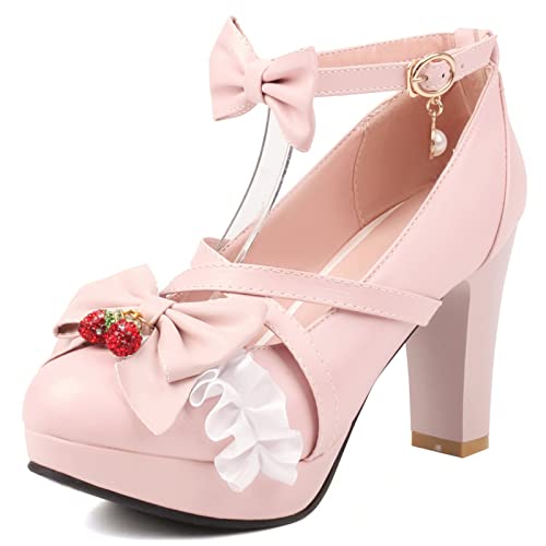 Lizoleor Damen Closed Toe Hohen Blockabsatz Mary Jane Pumps Ruffles Lolita Kleid Plateau Knöchelriemchen Party Schuhe Bogen Pink Gr 44 EU/46Cn von Lizoleor