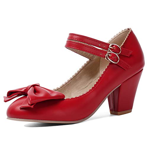 Lizoleor Damen Closed Toe Knöchelriemchen Mary Jane Blockabsatz Pumps Bows Lovely Höhe Ferse Hochzeit Kleid Sommer Party Schuhe Damen Rot Gr 40 EU/41Cn von Lizoleor