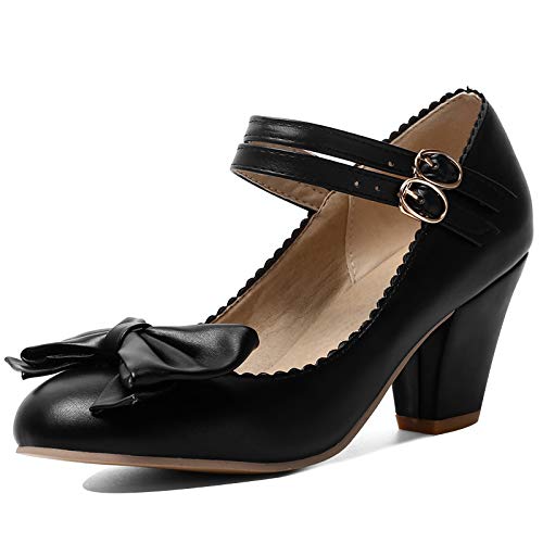 Lizoleor Damen Closed Toe Knöchelriemchen Mary Jane Blockabsatz Pumps Bows Lovely Höhe Ferse Hochzeit Kleid Sommer Party Schuhe Damen Schwarz Gr 37 EU/38Cn von Lizoleor