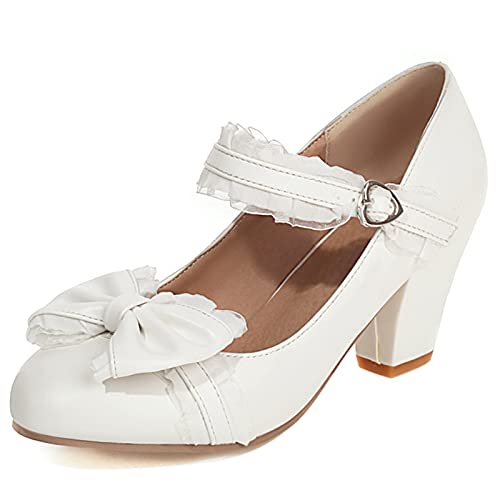 Lizoleor Damen Closed Toe Knöchelriemchen Mary Jane Blockabsatz Pumps Bows Lovely Höhe Ferse Hochzeit Kleid Sommer Party Schuhe Damen Weiß Gr 40 EU/41Cn von Lizoleor