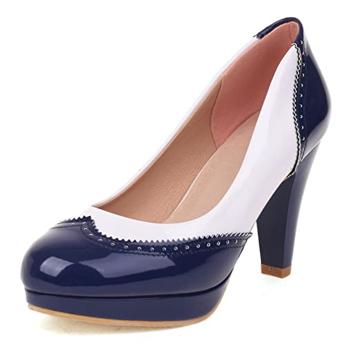 Lizoleor Damen Closed Toe Lovely Mary Jane Höhe Ferse Plateau Schuhe Lack Mode Ohne Verschluss Weddding Bride Kleid Pumps Blau Gr 36 EU von Lizoleor