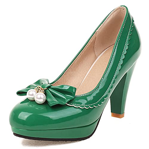 Lizoleor Damen Closed Toe Lovely Mary Jane Höhe Ferse Plateau Schuhe Lack Mode Ohne Verschluss Weddding Bride Kleid Pumps Grün Gr 44 EU/46Cn von Lizoleor