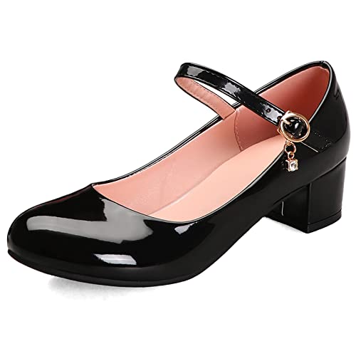 Lizoleor Damen Closed Toe Mode Lack Knöchelriemchen Mary Jane Schuhe Komfort Prom Block Mitte Absatz Pumps Damen Schwarz Gr 38 EU/39Cn von Lizoleor