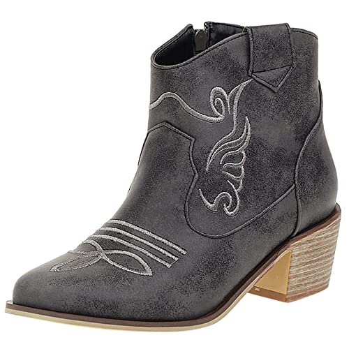 Lizoleor Damen Draußen Cowboy Stiefeletten Pointed Toe Vintage Chelsea Stiefel Embroiderot Blockabsatz Winter Schuhe Grau Gr 40 EU/41Cn von Lizoleor