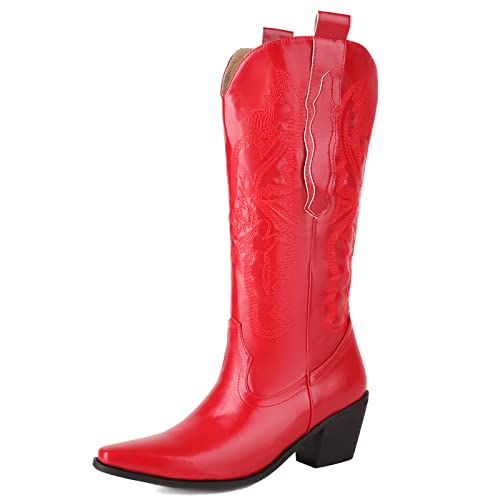 Lizoleor Damen Embroiderot Knee Cowboystiefel Pointed Toe Weit Cafl Klassischer Winter Blockabsatz Western Hohe Stiefel Rot Gr 42 EU/44Cn von Lizoleor