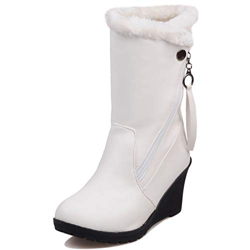 Lizoleor Damen Fell Lined Warm Halbschaft Keilabsatz Schneestiefel Runde Zehen Draußen Plateau Heel Shearling Stiefeletten Weiß Gr 38 EU/39Cn von Lizoleor