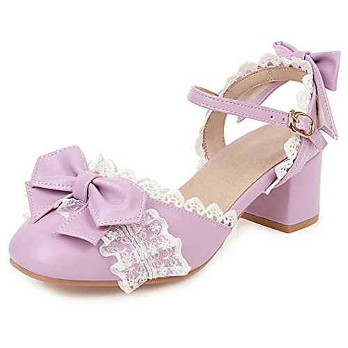 Lizoleor Damen Hochzeit Closed Toe Knöchelriemchen Mary Jane Blockabsatz Sandalen Bows Prom Sommer Party Hochzeit Lovely Dolly Schuhe Violett Gr 43 EU/45Cn von Lizoleor