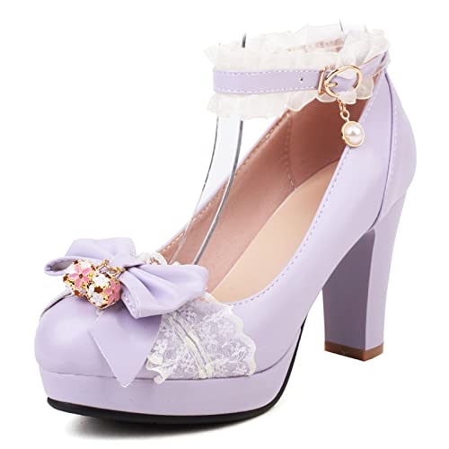 Lizoleor Damen Hohen Blockabsatz Bogen Mary Jane Pumps Runde Zehen Bridal Lovely Plateau Princess Ruffles Party Schuhe Violett Gr 41 EU/43Cn von Lizoleor