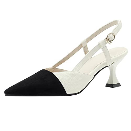 Lizoleor Damen Kitten Heel Slingback Zweifarbig Pointed Toe Pumps Mode Höhe Ferse Pumps Sommer Abend Stiletto Kleid Beige Gr 35 EU von Lizoleor