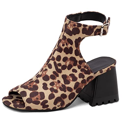 Lizoleor Damen Klassischer Offene Zeh Blockabsatz Gladiator Sandalen Sommer Comfy Knöchelriemchen Mode Romisch Slingback Schuhe Leopard Gr 46 EU/48Cn von Lizoleor