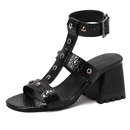 Lizoleor Damen Klassischer Offene Zeh Blockabsatz Gladiator Sandalen Sommer Comfy Knöchelriemchen Mode Romisch Slingback Schuhe Schwarz Gr 46 EU/48Cn von Lizoleor