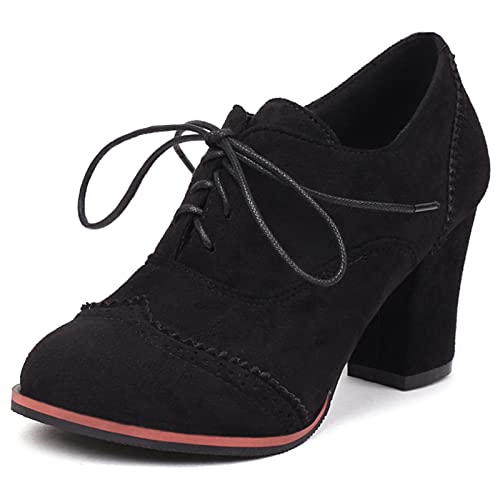 Lizoleor Damen Klassischer Schnüren Blockabsatz Leisure Brogue Leisure Höhe Ferse Pumps Retro Oxford Buro Schuhe Schwarz Gr 37 EU/38Cn von Lizoleor