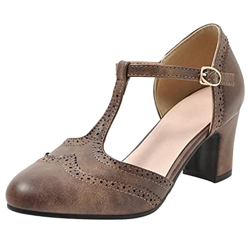Lizoleor Damen Klassischer T Strap Mary Jane Schuhe Closed Toe Blockabsatz Brogue Sandalen Leisure Mitte Absatz Sommer Retro Schuhe Bogen Braun Gr 41 EU/43Cn von Lizoleor